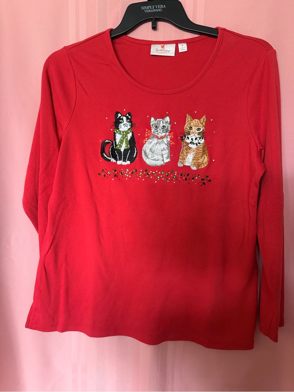 Quacker Factory Red Long Sleeve Tunic with Embroidered Cats